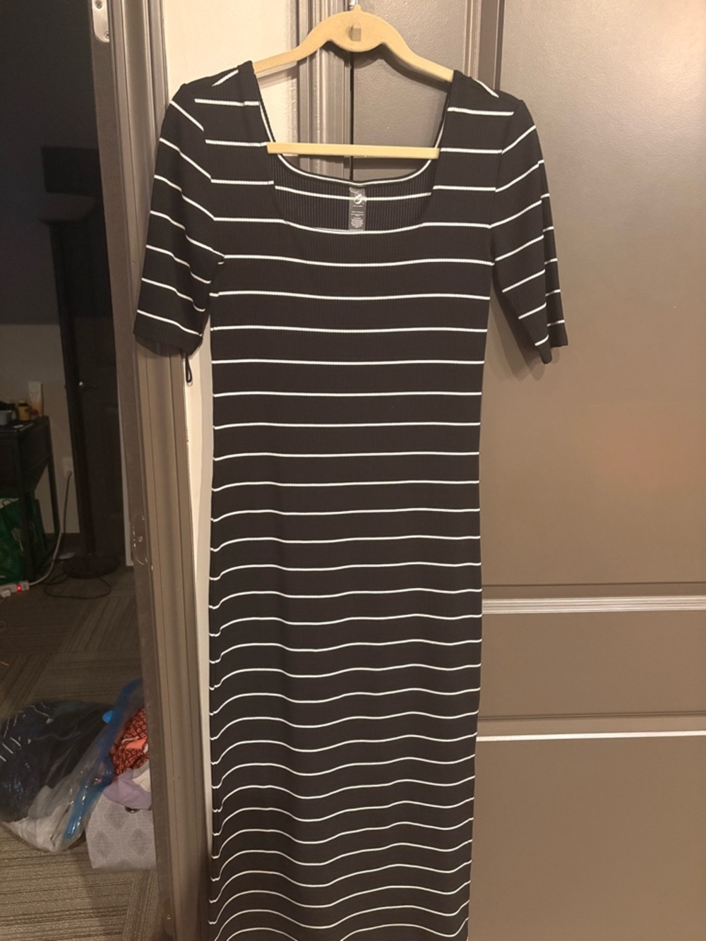Lou & Grey Black with White Stripe Ribbed Maxi Dress